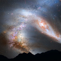 Illustration av Vintergatans framtida krock med Andromedagalaxen. Detta tros ske om fyra billioner år.